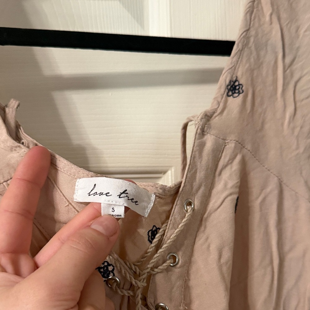 Love Tree Beige Romper with Navy Embroidery - Picture 2 of 4